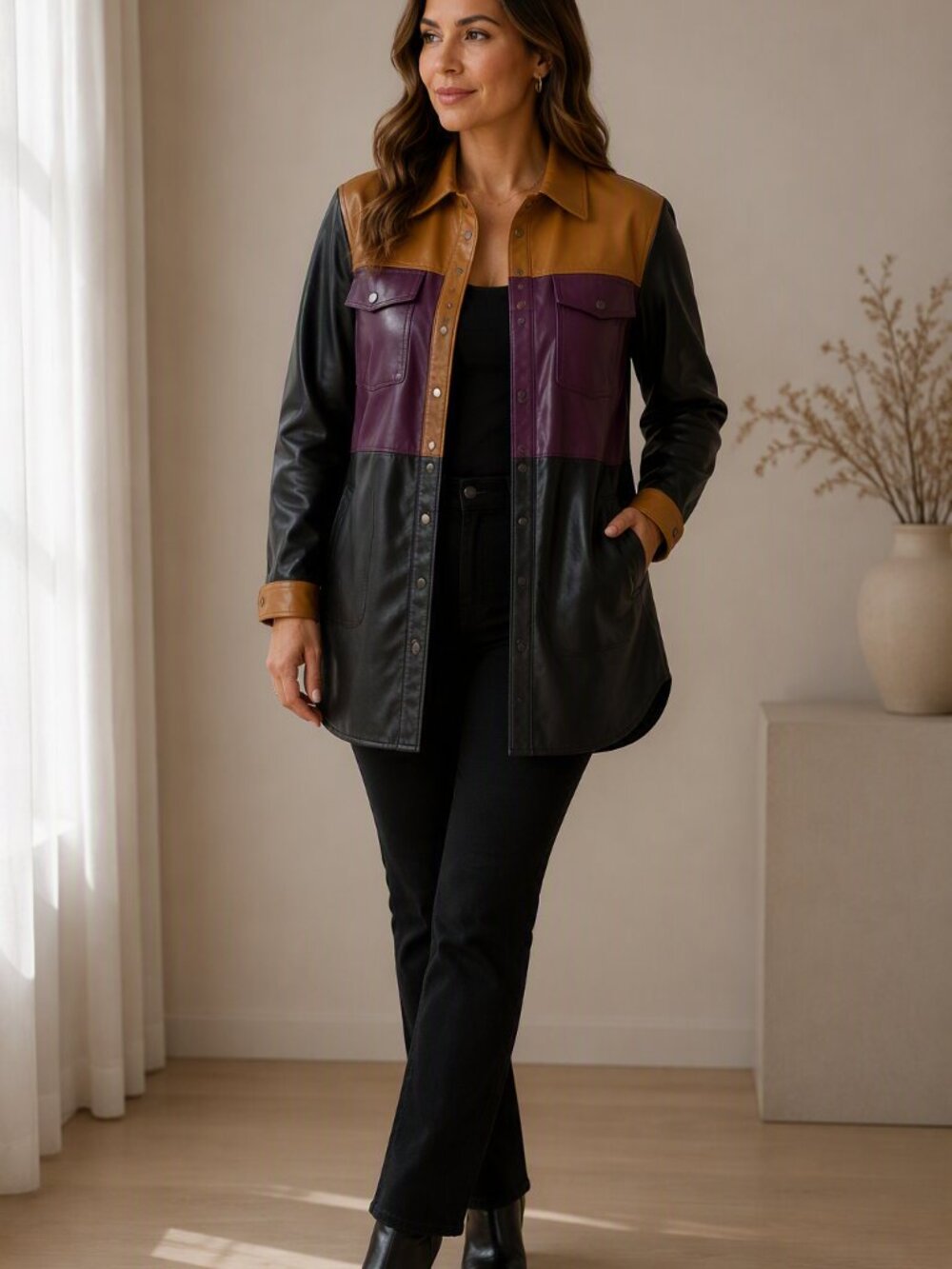 Badgley Mischka Colorblock Leather Shirt Jacket in Black, Brown & Purple